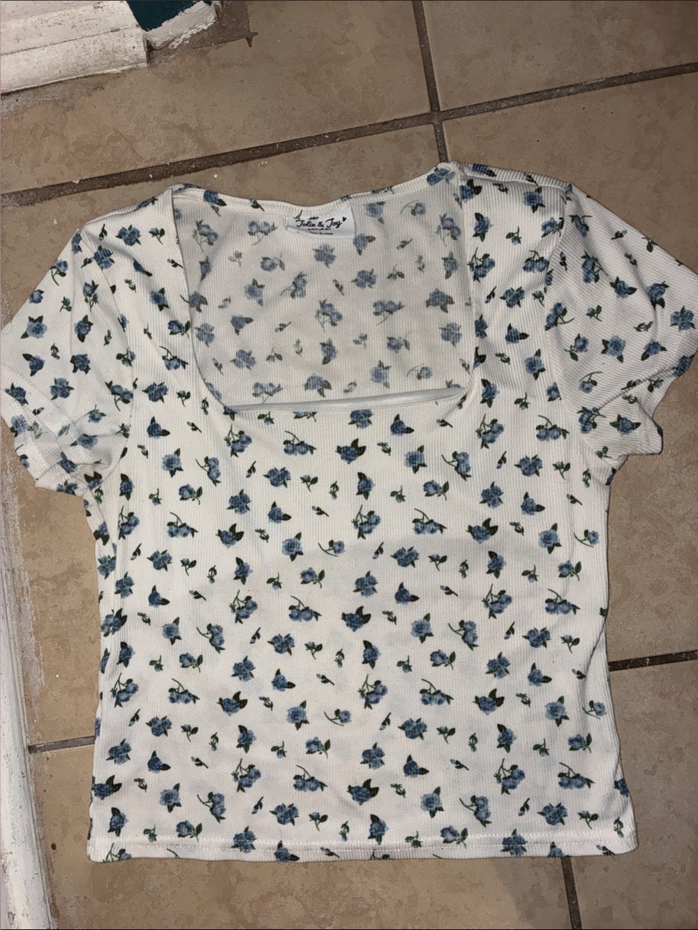 Blue Floral Square-Neck Ribbed Top by